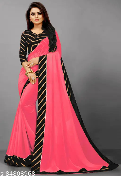 Bright pink Georgette saree with border, traditional attire