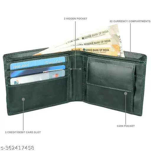 Green faux leather bi-fold wallet for men, featuring 2 cash compartments, 2 slip compartments, and 3 card slots. Ideal accessory for stylish gentlemen