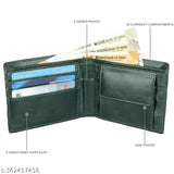 Green faux leather bi-fold wallet for men, featuring 2 cash compartments, 2 slip compartments, and 3 card slots. Ideal accessory for stylish gentlemen