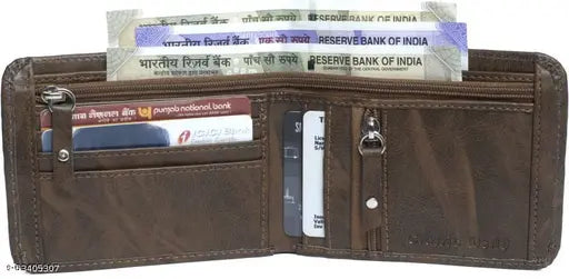 Brown textured PU leather wallet, 3 compartments, credit/debit card slots, currency pocket. Brown men's royal craft wallet with stitching detail and smooth matte finish exterior. Made in India