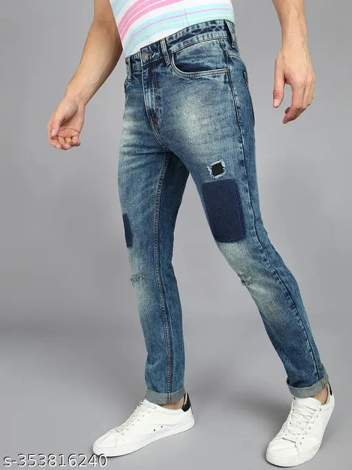 Light blue men's dyed wash jeans, distressed knee detail