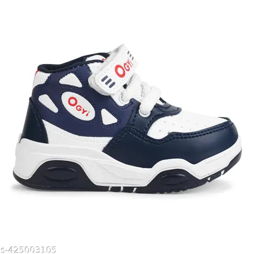 White synthetic kids' sports sneakers for boys, lace-up design, memory foam insole, ideal for running and outdoor play