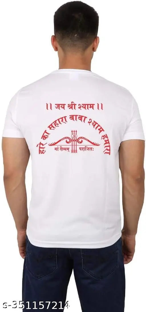 Polyester short-sleeved KHATU Shyam Baba printed t-shirt featuring Indian folk art design