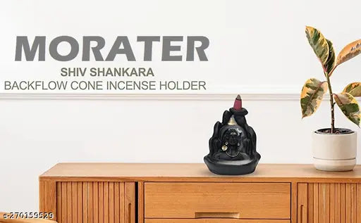 Black and white marble statue showcasing Hindu deities with backflow cone and home decorative piece, Adiyogi and Tower Budda combo