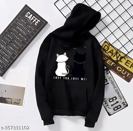 Black and white cat hoodie sweatshirt, with the phrase 'love you more' on the front