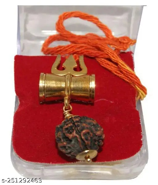 Gold brass Panch Mukhi Rudraksha locket Trishul Damru, symbol of Lord Shiva worship for power and prosperity