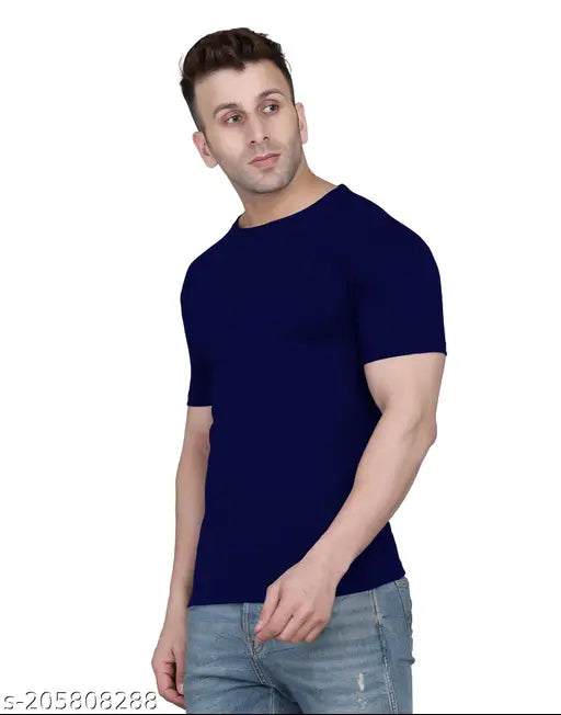 Navy cotton half sleeve round neck men's t-shirt - designer solid plain, ideal for gym/sports