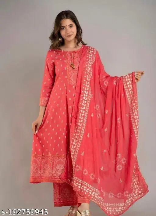 Rayon printed Anarkali kurti set with pants and dupatta, three-quarter sleeves, ideal for traditional festivals and casual occasions. Indian designer high-quality rayon ethnic wear