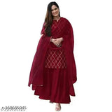 Red rayon round neck kurta with sharara and net dupatta set