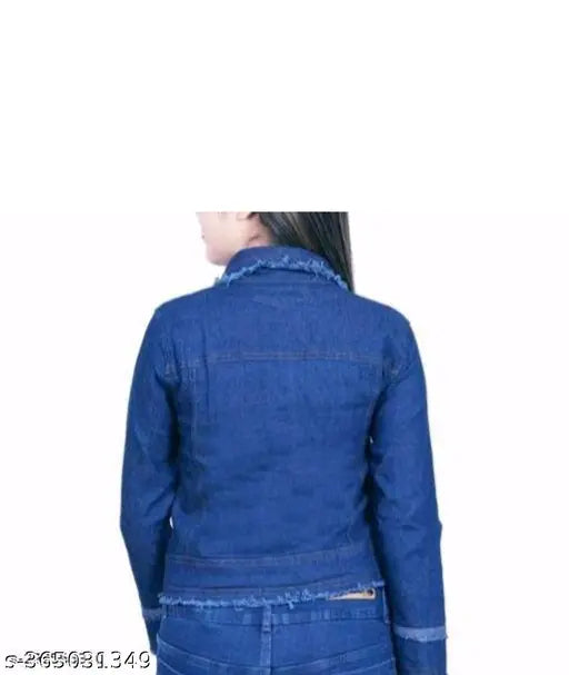 Denim, solid-pattern, stylish women's teen patti jacket. High-quality Indian denim jacket on hanger