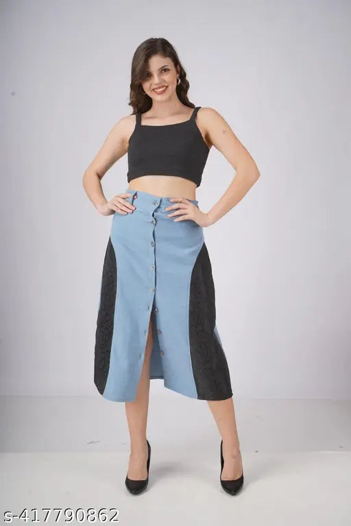 Black lightweight skirt with a side seam, light blue denim jacket