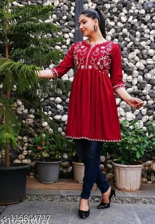 Rayon embroidered short gown for women, three-quarter sleeves, India-made fashion tunic