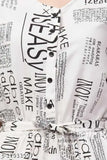 White crepe jumpsuit with newspaper print, anti-wrinkle, breathable, and eco-friendly for a stylish look from 69 Fashion Street