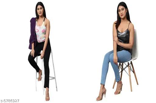 Denim jeggings pack of 2: Solid black-skyblue, high waist, stretchable ankle length for women, available in sizes 28, 30, 32, and 36, made in India
