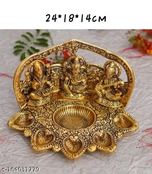 Gold-plated White Metal Laxmi, Ganesh, Saraswati Idol Oil Diya (14cm x 14cm x 24cm), Indian home decor for Diwali festival season