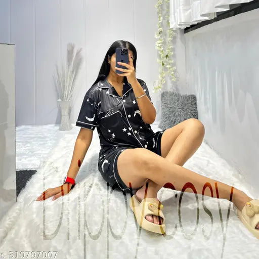 Moon star print silk blend night suit for ladies, featuring short sleeves and luxurious feel