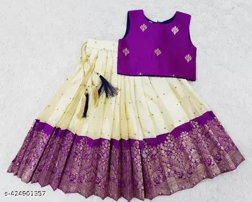 Girls' cotton silk jacquard pattu pavadai lehenga choli, sleeveless & woven design, Indian tradition for kids aged 6-8 years