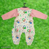 Pink bear print wool dungree with full sleeves for infant, Indian-made baby clothing