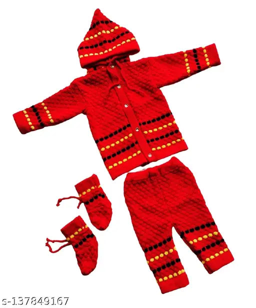 Woolen stripe front open sweater set for Baby Boy & Girl (India), includes hooded pyjami and booties