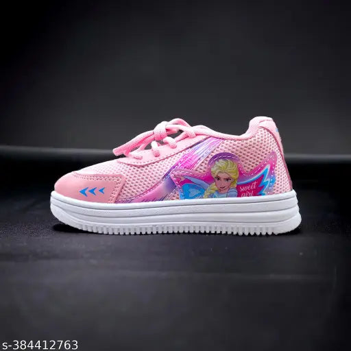 Vibrant pink mesh and PVC shoes for kids, lace-up design with printed detail, various sizes available from 2.5-3 years to 10 years