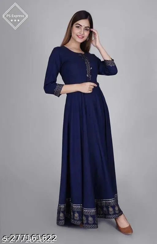 Dark blue long kameez with embroidery details, long sleeves, and crew neckline