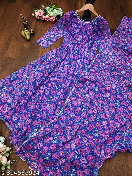Blue faux georgette long kurti with dupatta, printed pattern for women