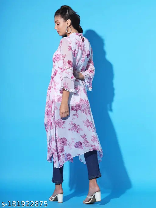 Stylish Georgette print dress with net sleeves and bell sleeves, XS-XL women's top wear