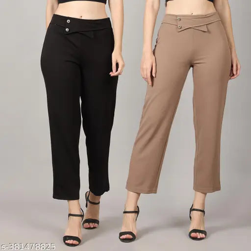 Polycotton fancy designer flap high-rise trousers set for women and girls, solid net, two pieces in sizes 26, 28, 30, 32, 34, 36 (India origin)