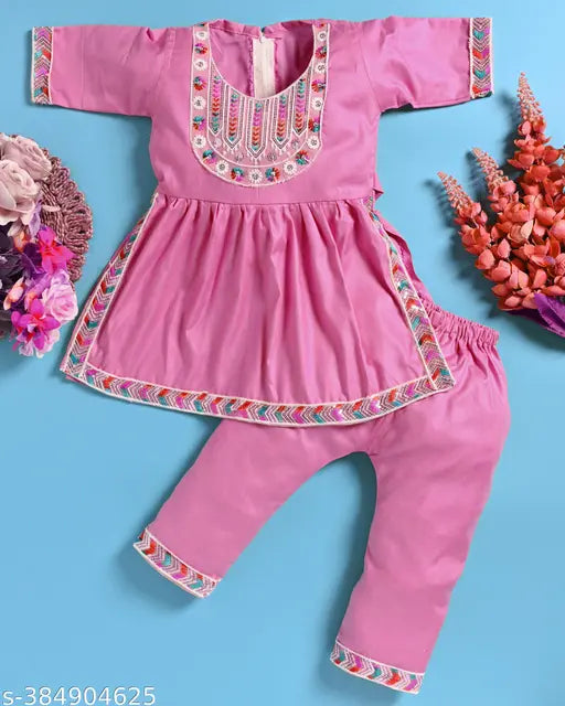 Black & Pink Embroidered A-line Kurta Set for Kids (0-6 Months - 4-5 Years), Indian fashion for little girls