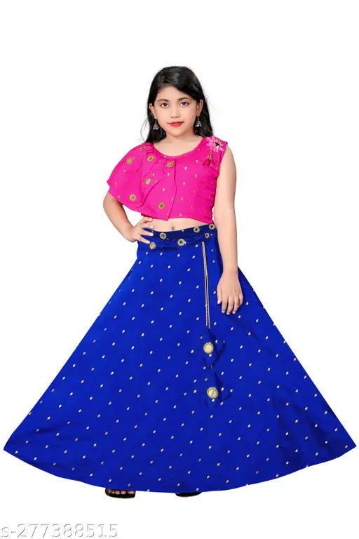 Taffeta silk embroidered lehenga choli for kids party wear, featuring mirror work and sleeveless design, ideal for special occasions