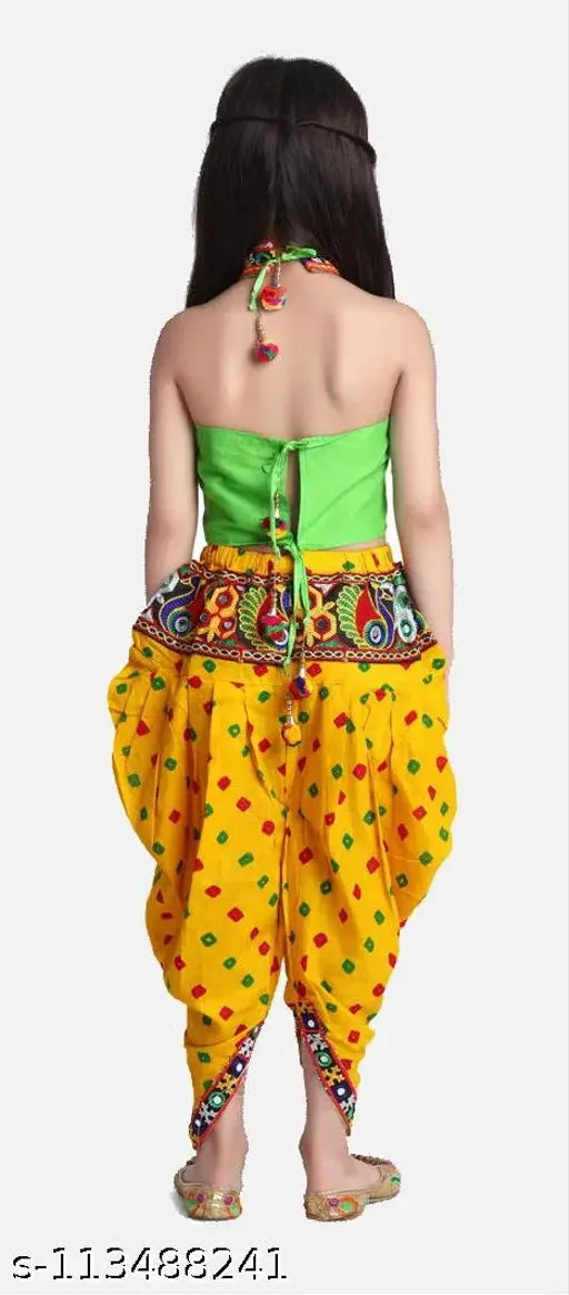 Yellow Cotton Halter Neck Choli with Dhoti, intricately Bandhani-embroidered traditional Indian kid's outfit for festivals and occasions