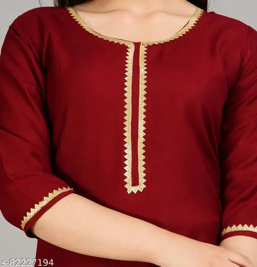Maroon rayon kurta with palazzos, solid design, three-quarter sleeves, women's fashion from India