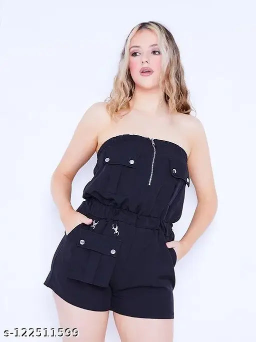 Navy blue denim sleeveless dungaree short. Trendy casual wear for women