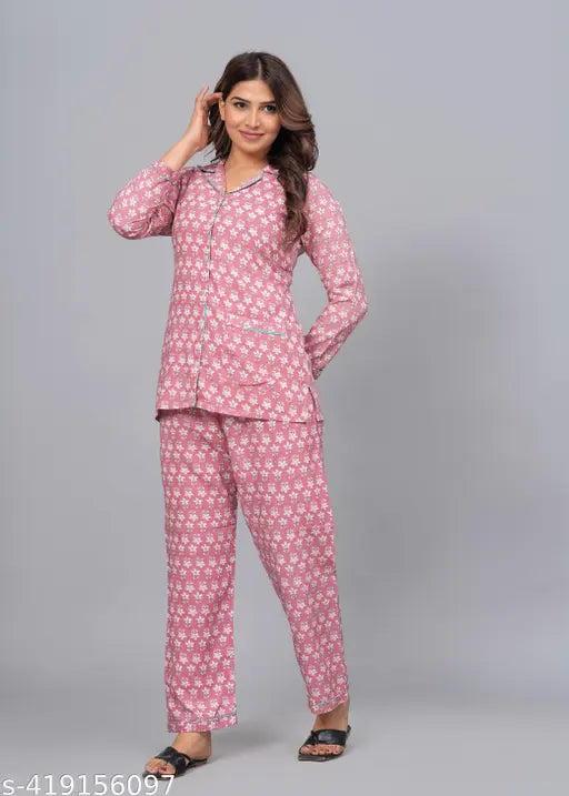 Viscose Rayon printed night suit set for women, three-quarter sleeves, India-made