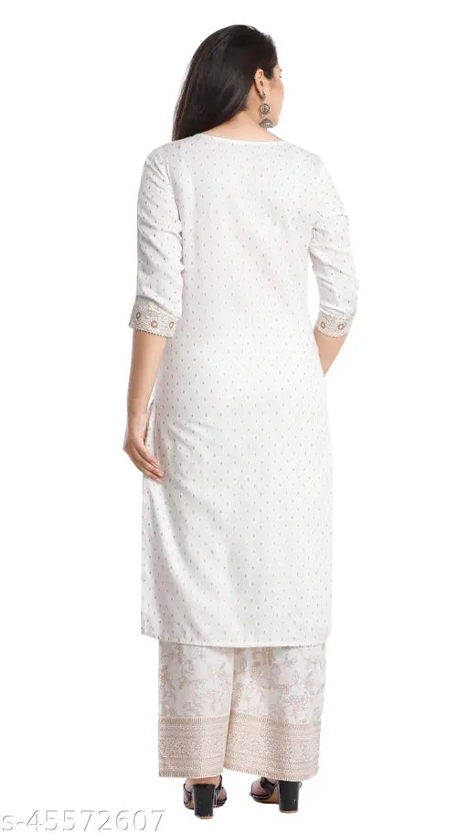 White printed rayon kurta plazo set, three-quarter sleeves, Indian traditional attire on model