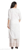 White printed rayon kurta plazo set, three-quarter sleeves, Indian traditional attire on model