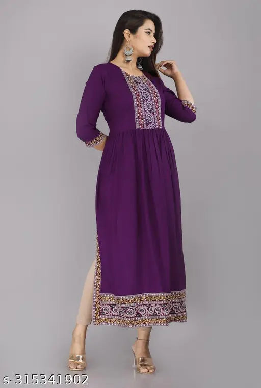 Purple rayon sleeveless kameez for women, with embroidered neckline and hem detailing