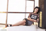 Black printed cotton crop top with net detail, stylish Never Coast typography for women's casual wear