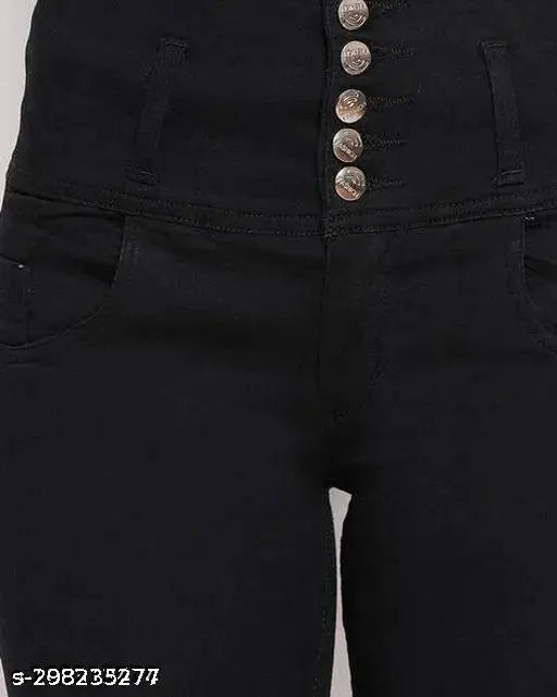 Black cotton blend jeggings for girls, solid pattern, high-waist, size 24, 26, 28, 30, 32. Made in India