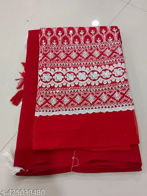 Red georgette lakhnowi pattern saree for women and girls, heavy work thread embroidered, blouse included