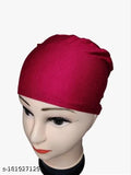 A burgundy cotton hijab cap with underscarf, worn over head wrap