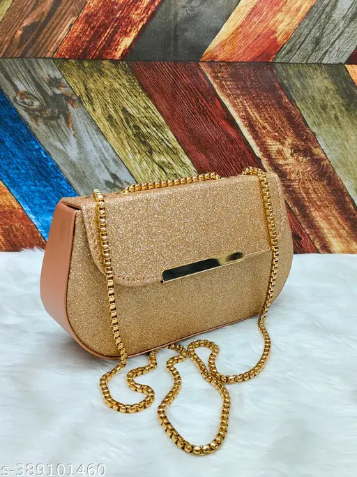 Luxury sling bag, black leather with gold chains