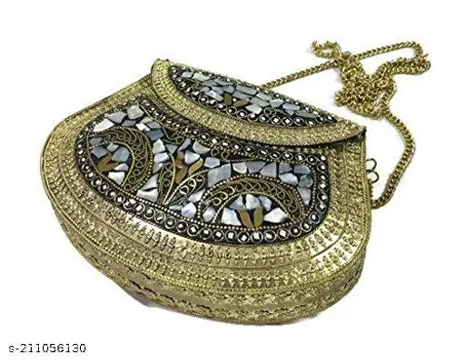 Vintage handmade metal mosaic stone and shell clutch bag, sling style for special occasions or parties, special accessory for women