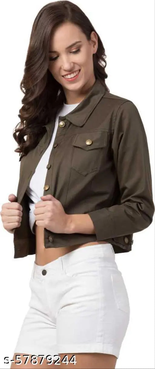 Army green denim jacket, solid pattern, eco-friendly, trendy fashion street wear on mannequin