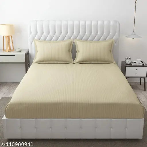 Parinika Fabs 400 TC Cotton Double Bed Bedsheet with 2 Pillow Covers - Striped, King Size, Beige (90X100 bedsheet 17x27 Pillow Cover)