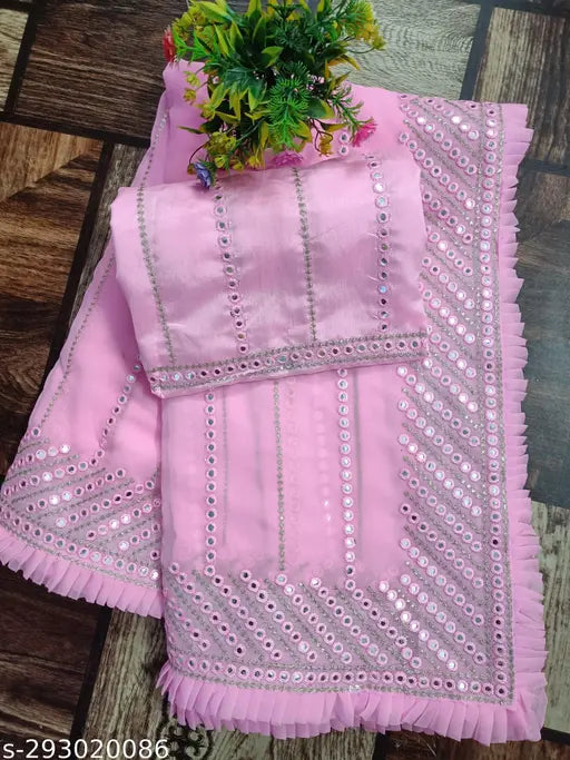 Elegant, pink, georgette sari with intricate 9mm sequence embroidery