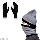 Grey melange woolen unisex beanie cap, neck warmer scarf & fleece gloves set - premium quality winter accessory for men and boys, made with soft hosiery and fur fabric