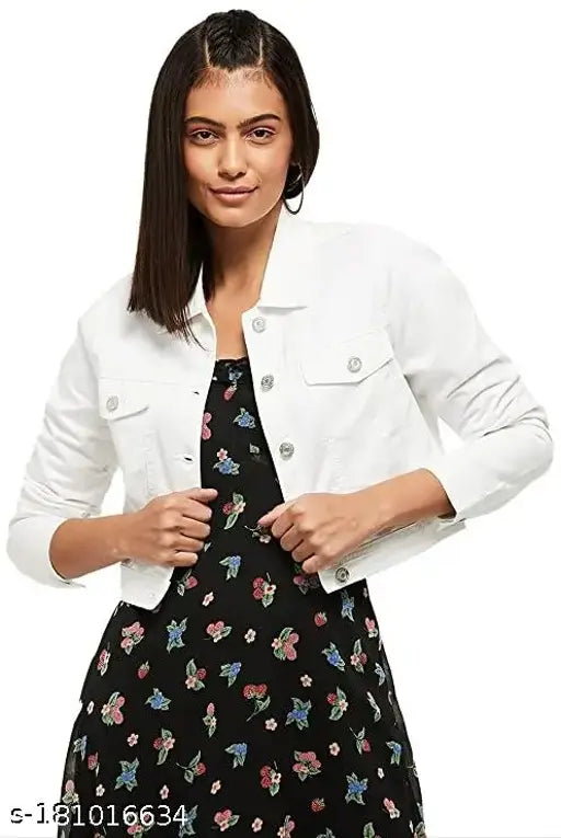 White solid denim long sleeve slim jacket, contemporary style with matching button details. Versatile wear for formal and casual outfits in all seasons. Premium cotton blend ensures all-day comfort. India origin
