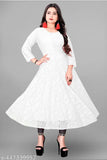 Net self-design Jivika Pretty Kurtis with three-quarter sleeves, Indian fashion on model