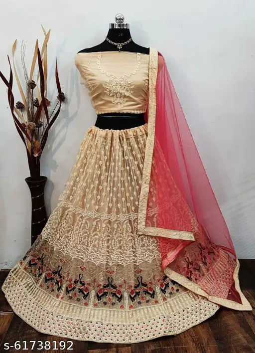 Embroidered net lehenga set for women, semi-stitched (40m/44m), free size (40in/44in), Indian made